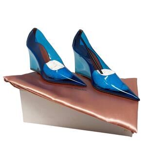 NEW Amina Muaddi Ane Pointed Toe PVC Glass Patent Wedges Heels Blue US 7.5